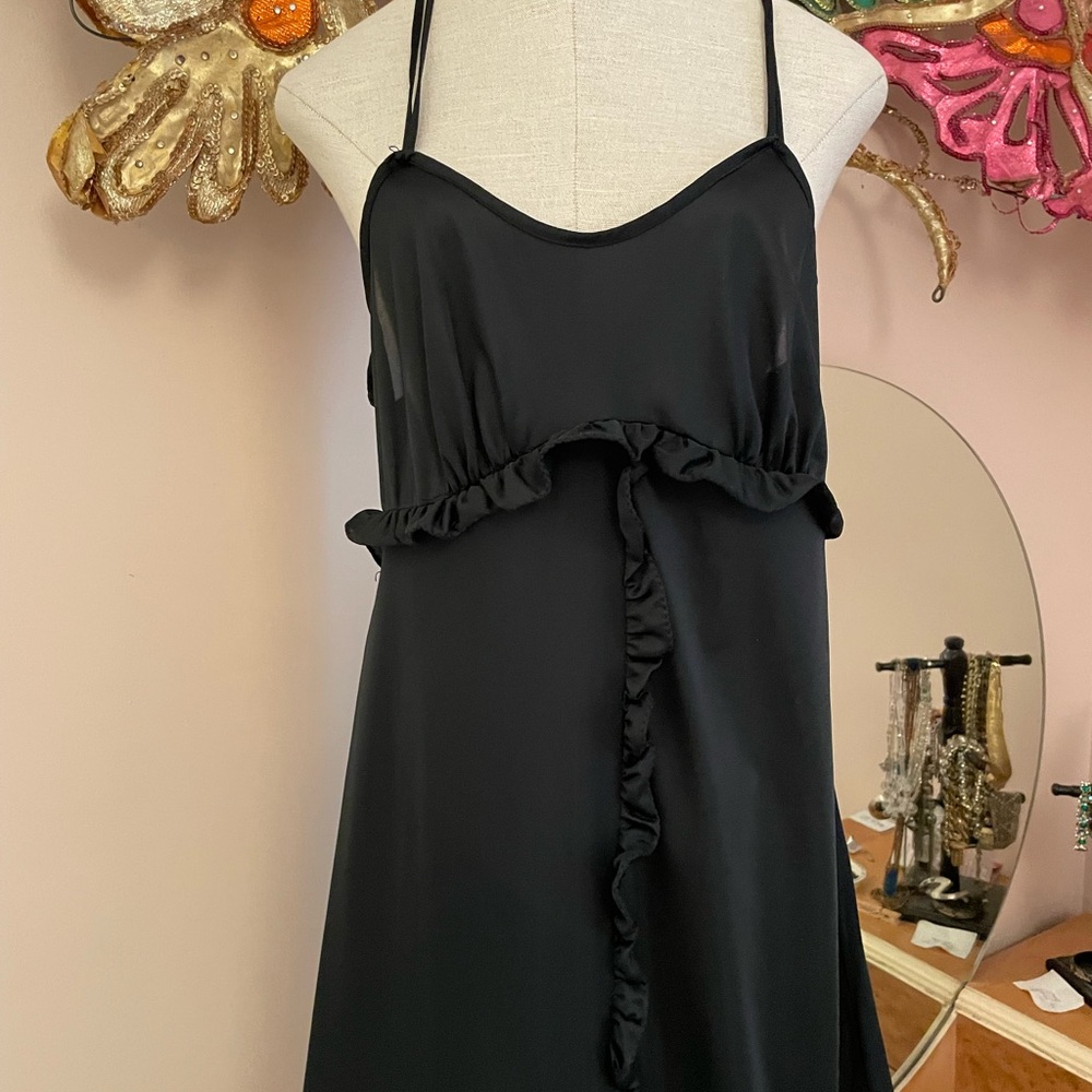 Elegant Black Ruffle Maxi Dress Vintage Union Made Low Back Size S Bust 34”
